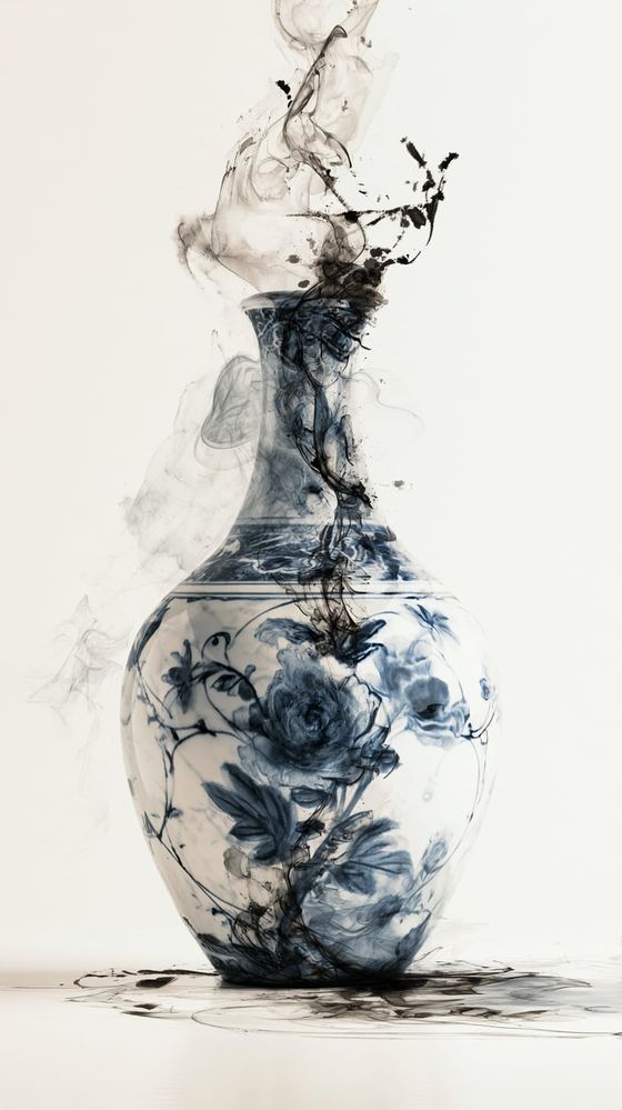 A blue-and-white porcelain vase painted with cobalt roses, its upper half dissolving into drifting black ink and smoke against a pale background.