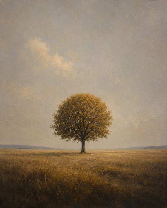 A painterly landscape of a solitary round-crowned golden tree standing alone in an open plain under a wide pale sky.