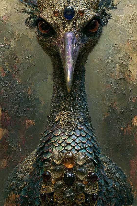 A painterly close portrait of a regal bird with a jewelled golden crown, deep amber eyes, an iridescent beak and a breast set with gemstones, against a textured olive-green background.